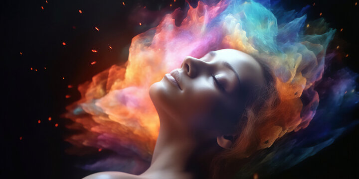 Astral body of young woman in a deep state of meditation. Psychedelic experience. Generative AI