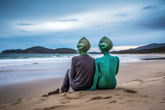alien couple sitting on beach, looking out at the ocean view, created with generative ai