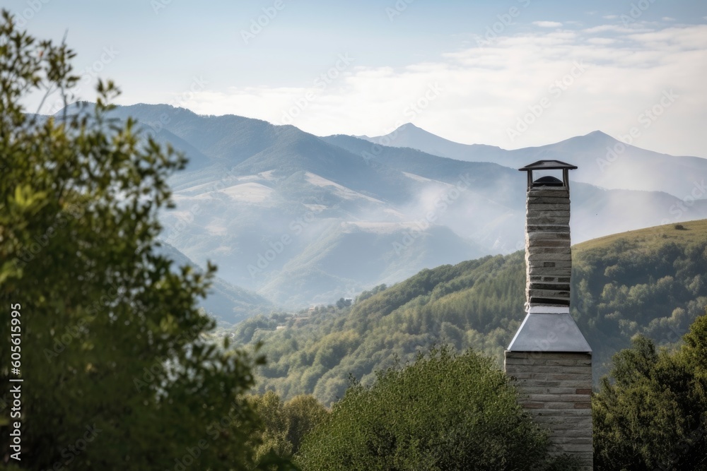 Wall mural chimney surrounded by serene mountain landscape, created with generative ai