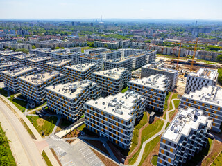 Aerial view landscape, drone view of the development, modern blocks, new apartments.