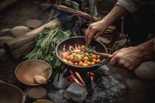 campfire cook preparing a simple and delicious meal with fresh ingredients, created with generative ai