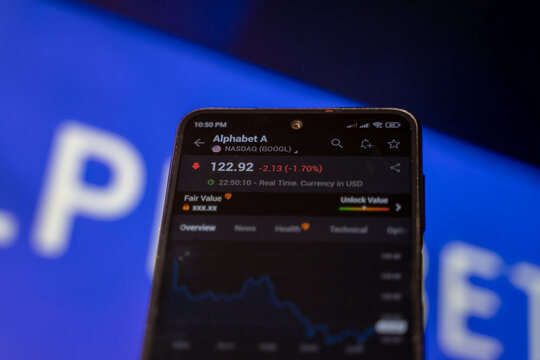 Stock market graph of Alphabet company on smartphone screen. Alphabet Inc. is an American multinational technology conglomerate holding company. Ankara, Turkey - May 23, 2023.