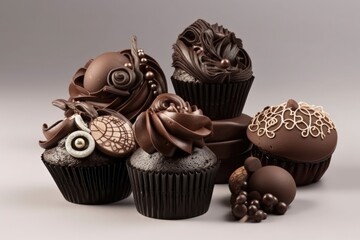 set of beautiful and intricate chocolate cupcakes with elegant swirls, bows, and decorations, created with generative ai