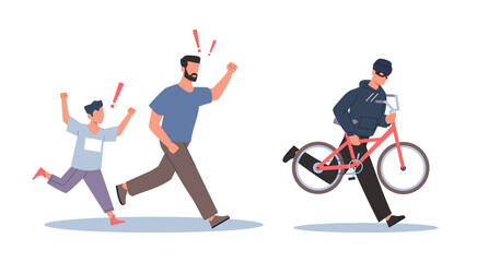 Perpetrator steals childs bicycle, thief runs away with stolen goods from father and son. man carrying vehicle, Criminal scene, bike theft, law break cartoon flat isolated vector crime concept