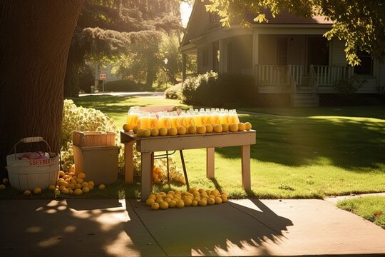 lemonade stand with full view of the summer sun, shining down its warm rays, created with generative ai