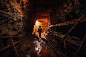 person, exploring abandoned mineshaft and discovering forgotten treasure, created with generative ai