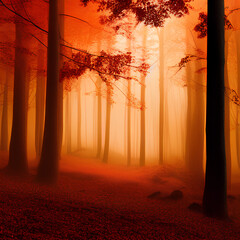 Red fog in an autumn forest. Generative AI