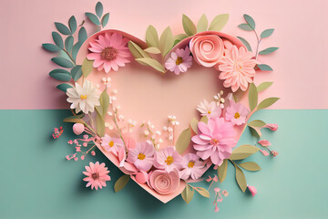 Creative layout with pink flowers, paper heart over punchy pastel background. Generative Ai