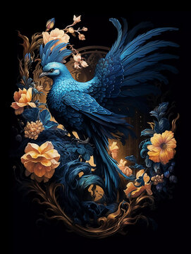 blue beautiful phoenix on a black background Generative AI