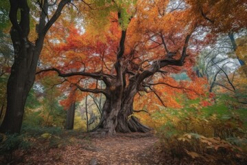 majestic tree with colorful leaves in autumn forest, created with generative ai