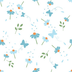 Fototapeta na wymiar Seamless botanical pattern with cute blue flower, green leaves and butterfly cartoons on white background vector illustration. Cute floral print.