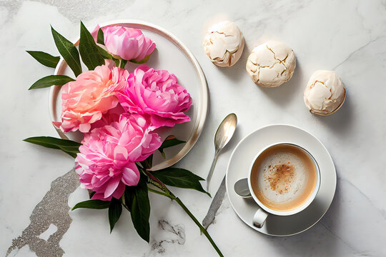 Morning coffee and beautiful pink peony flowers on white stone table top view. Generative Ai