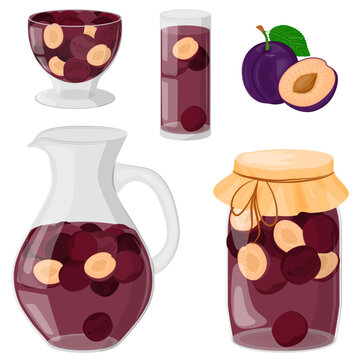 Plum compote in a glass decanter, glass, jar. Drinking from homemade fruits. Homemade jam or jelly in a glass bowl. The concept of healthy eating. Vector illustration in a flat style.