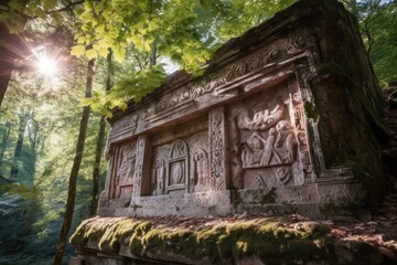 close-up of stone carving on ancient ruin, with sunlight filtering through the trees, created with generative ai