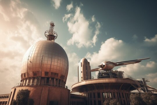 An image of buildings, sky, a dome, airplanes, and an observatory. Generative AI