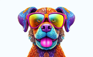 Cartoon colorful dog in sunglasses on isolated background, generative ai