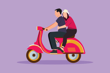 Fototapeta na wymiar Character flat drawing of romantic couple riding motorcycle. Man driving scooter and woman passenger while hugging. Driving around city in the evening. Drive safely. Cartoon design vector illustration