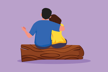 Graphic flat design drawing of embracing romantic couple sitting on wooden log at park. Happy family. Couple in relationship in love. Happy man hugging partner woman. Cartoon style vector illustration
