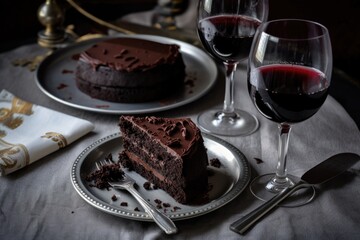 a decadent chocolate cake with a glass of velvety red wine, created with generative ai