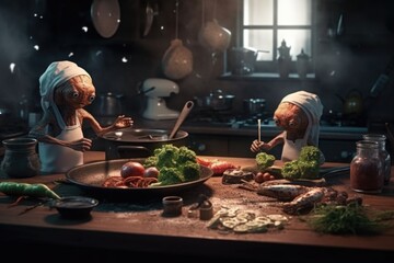 alien chefs preparing delicious earth dishes, using their unique culinary skills and ingredients, created with generative ai