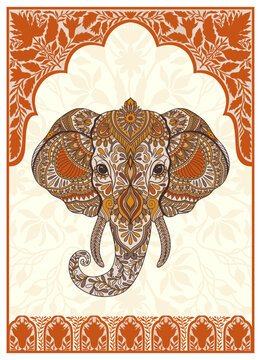 Elephant head in arch historical style. Sacred animal of Mughal and India. Hand drawn design in linear style.