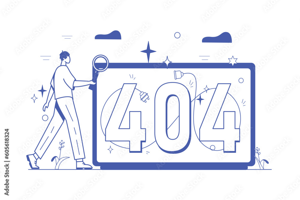 Poster concept 404 not found with people scene in the flat cartoon design. a programmer is trying to fix an