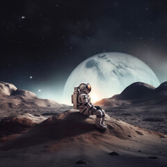 Exploring New Worlds: Astronaut in Space Suit on Exotic Planet, Captivating Lunar Landscape Created with Generative AI and Other Techniques