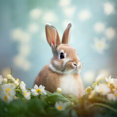 Adorable Spring Bunny in Floral Wonderland, Photo Art Created with Generative AI and Other Techniques