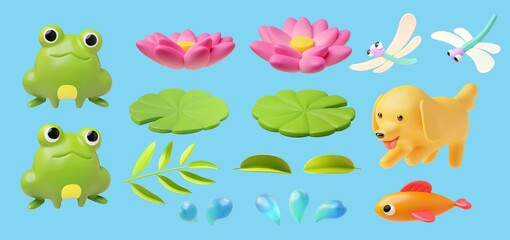 3D Cartoon pond animals set