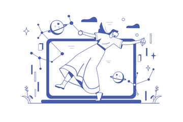 Metaverse concept with people scene in the flat cartoon design. The girl is in a metauniverse, which she entered with the help of gadgets. Vector illustration.