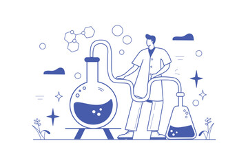 Concept science lab with people scene in the flat cartoon design. A scientist conducts chemical experiments with substances contained in two flasks. Vector illustration.