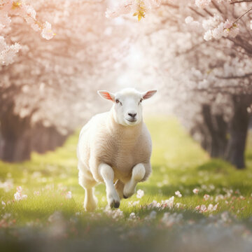 Joyful Spring: Cute Sheep Frolicking in Blossoming Floral Field with Pink Trees, Photo Art Created with Generative AI and Other Techniques