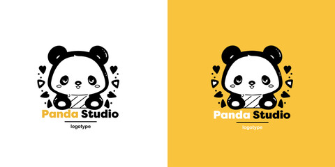 Panda vector logo illustration on yellow and white background. Panda's head logotype. Cute animal face sign design template.