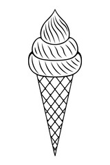 Ice cream in a cone-shaped waffle cone. Sketch. Refreshing dessert with several layers. Vector illustration. Outline on isolated background. Doodle style. Sweet popsicle. Idea for menu, web design.