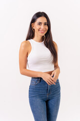 Brunette woman on a white background, casting studio shots, portrait in white t-shirt smiling