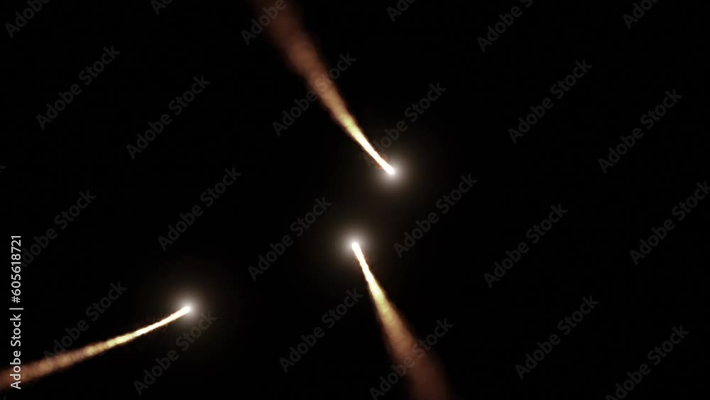 Canvas Prints abstract flying rockets with fiery smoke loop animation on clean black background.