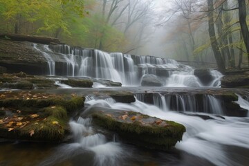 close-up of cascading spring waterfalls, with droplets and mist visible, created with generative ai