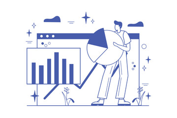 Concept data analysis with people scene in the flat cartoon design. A data analysis specialist prepares a report on the company's data analysis. Vector illustration.