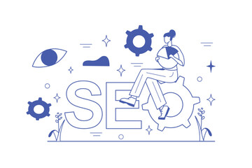 Concept SEO optimization with people scene in the flat cartoon design. A specialist in optimization gets acquainted with the diagrams that were given to her for work. Vector illustration.