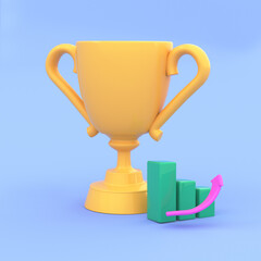 3D  trophy cup with bars and arrow icon. Business and financial success, game and sport celebration, winner, champion, achieving results, reward concept. 3d render illustration.