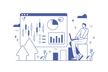 Stock market line concept with people scene in the flat cartoon style. The financier works at the stock exchange. Vector illustration.