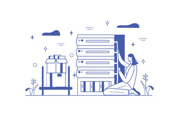 Server maintenance line concept with people scene in the flat cartoon style. An employee came to help with setting up the servers. Vector illustration.