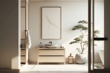 Modern white bathroom interior in japandi style. AI generated