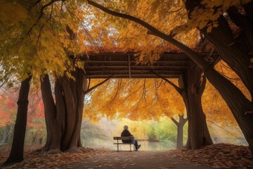 person, taking rest under the canopy of autumn trees, enjoying peaceful solitude, created with generative ai