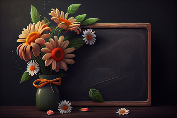 flowers next to blackboard. happy mother's day concept. Generative Ai