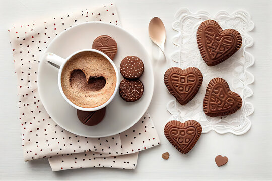 Cup of coffee and heart shaped cookies with gifts on white background. Generative Ai