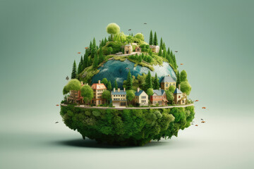 A sphere representing a city and the connection with the environment created using generative AI.