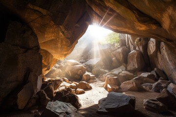 huge boulders and rubble filling the entrance of a mountain cave, with sunlight shining through, created with generative ai