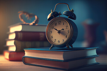 Old Alarm clock on stack of book with blur abstract background educational library. Generative Ai