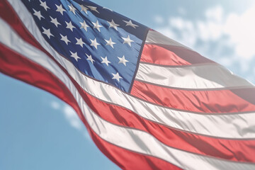 Obraz premium American flag flying against a clear blue sky, Independence Day, bokeh Generative AI